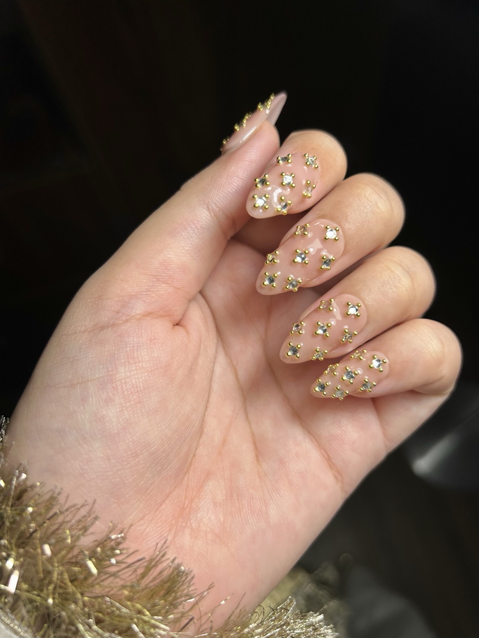 Sheer nude bridal press-on nails carpeted in gold beadwork, Baraat