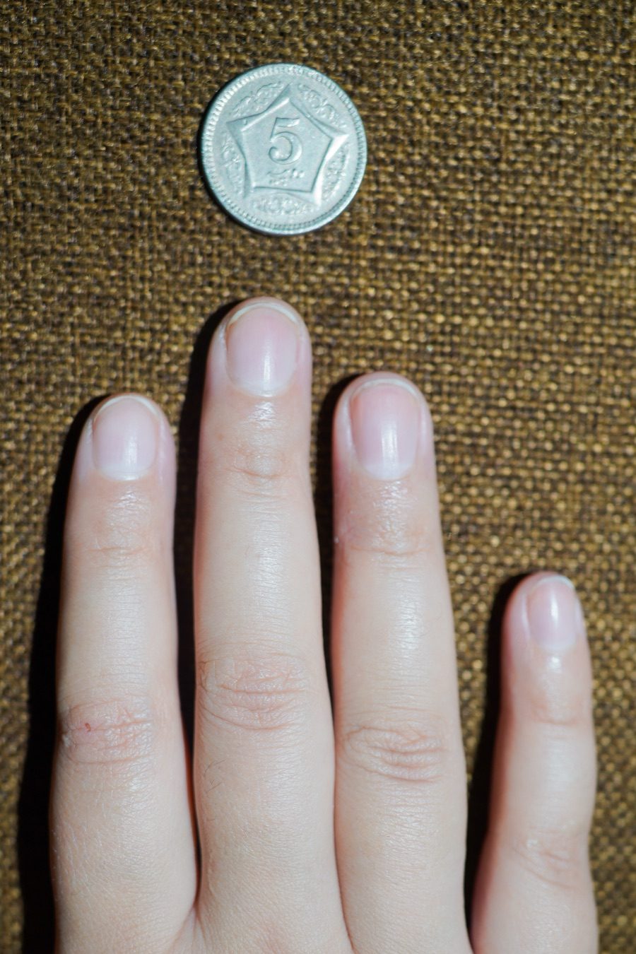 Hand laid flat with fingers pointing up, coin placed above the middle nail — the canonical fingers shot for sizing