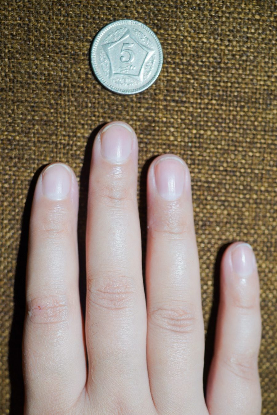 Four fingers flat with coin placed above the middle nail — the canonical fingers photo for sizing