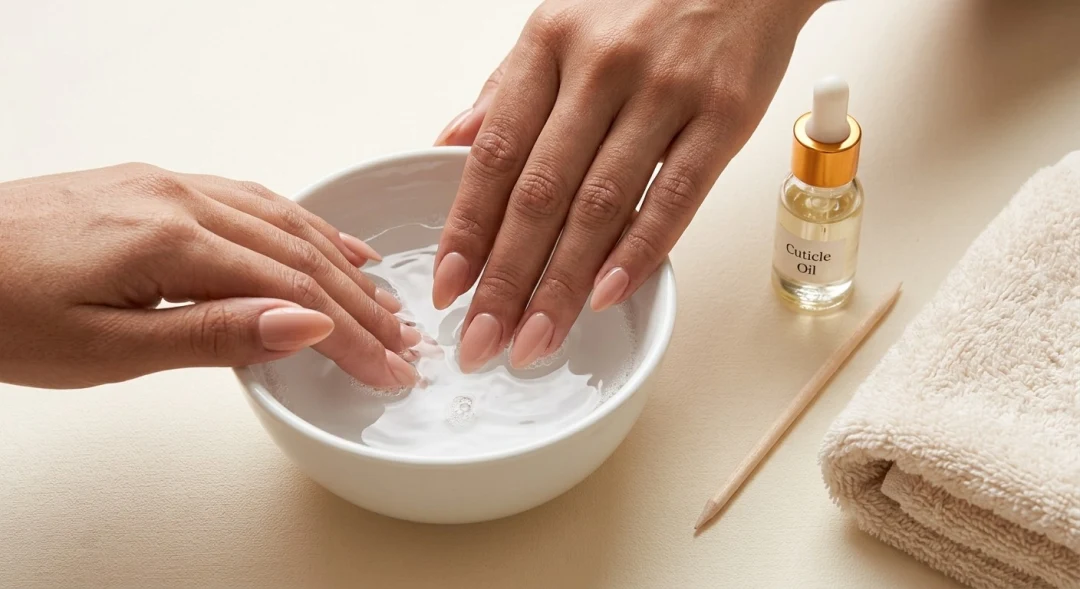 Hands with nude-pink press-on nails soaking in a bowl of warm soapy water, with cuticle oil, a wooden cuticle stick and a soft towel beside it