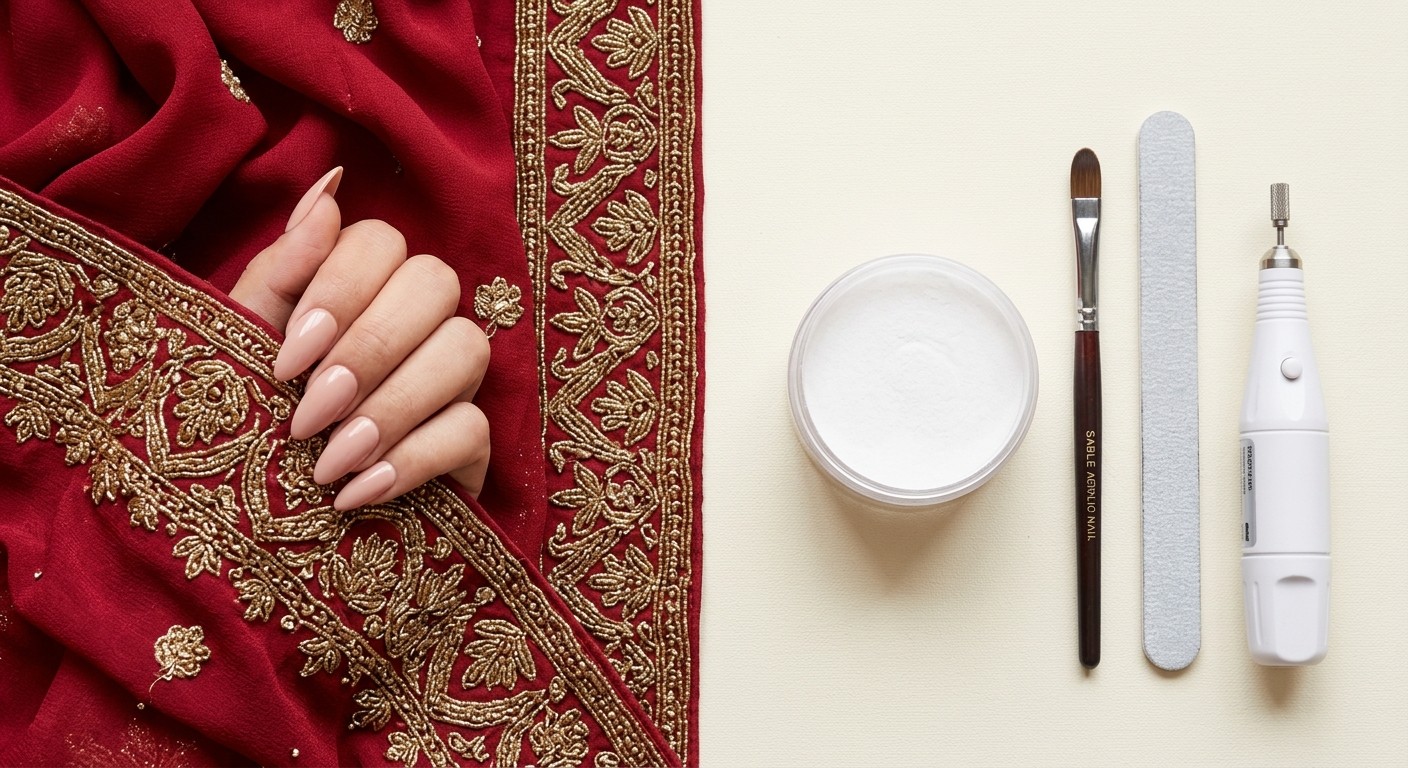 A hand wearing nude-pink almond press-on nails on red and gold bridal fabric, next to salon acrylic tools: acrylic powder, a brush, a nail file and a nail drill