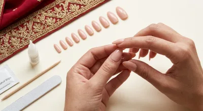 Hands pressing a nude-pink press-on nail into place, with nail glue, a cuticle stick, a nail file, an alcohol wipe and a row of press-on nails laid out