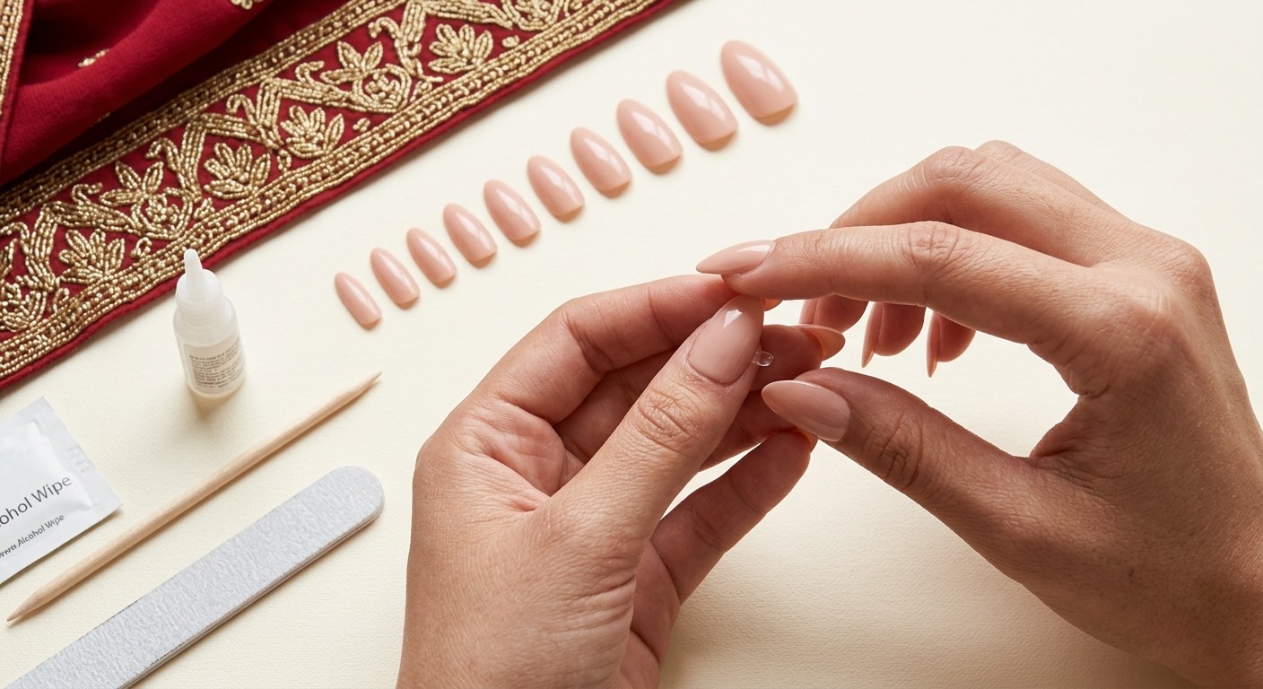 Hands pressing a nude-pink press-on nail into place, with nail glue, a cuticle stick, a nail file, an alcohol wipe and a row of press-on nails laid out