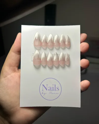 Silver Cat Eye Ombre Press-On Nails: long almond nails, nude fading to silver