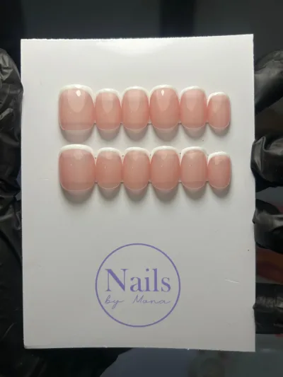 Micro French Tips Press-On Nails: short square nails, natural pink, fine white tips