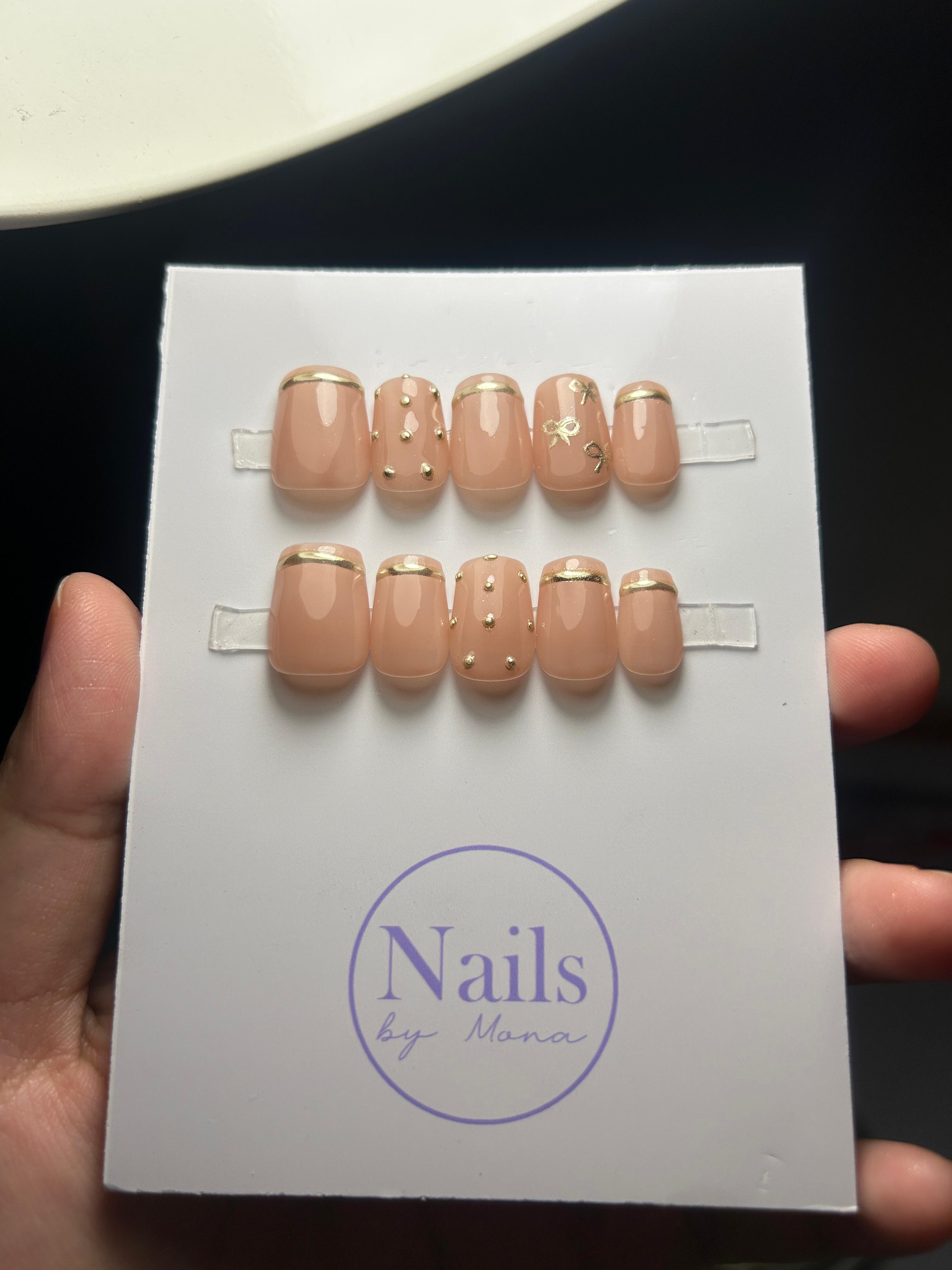 Gold Bow Caramel — Signature tier custom-fit press-on nails