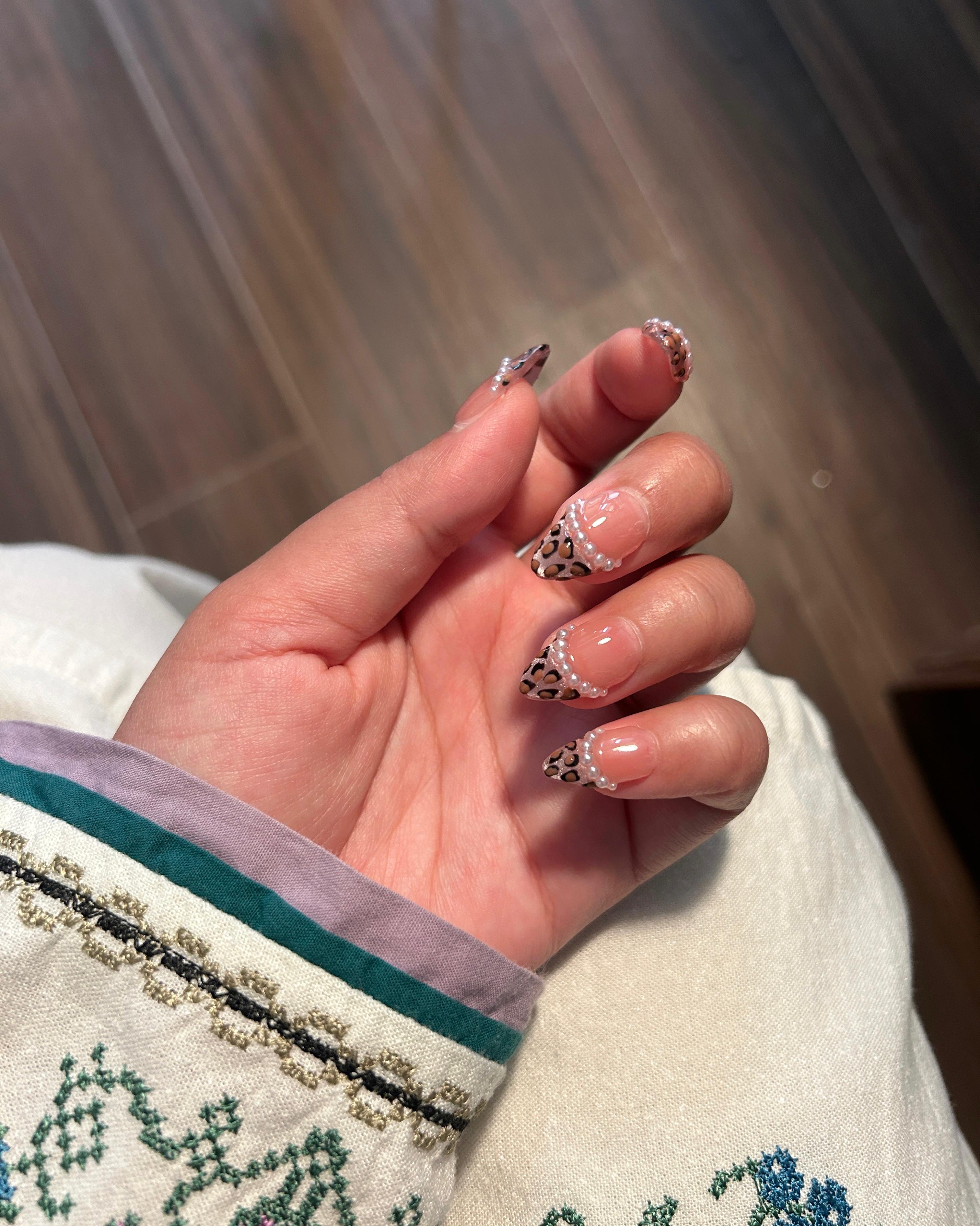 Leopard Pearl French — Glam tier custom-fit press-on nails