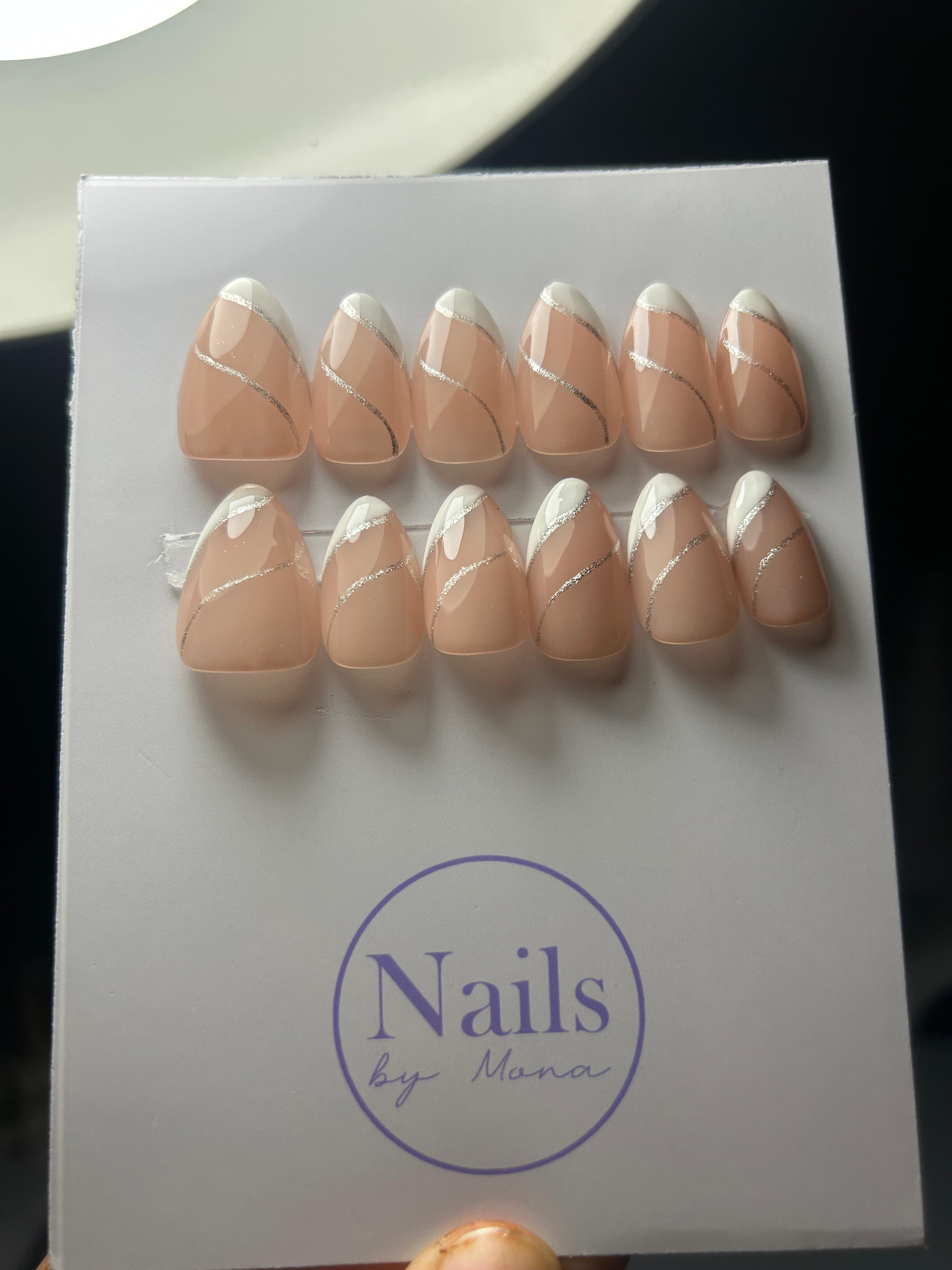 Silver Stripe French — Signature tier custom-fit press-on nails