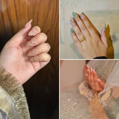 Bridal Trio press-on nail sets: gold beaded nude for Baraat, mint green for Mehndi, nude ombre for Valima